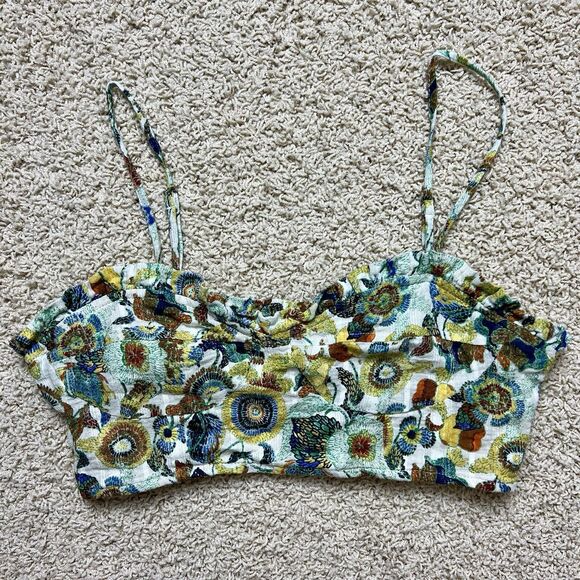 ANTHROPOLOGIE Twist Crop Top Smocked Floral Print Bustier Blue Green Size Small - Picture 2 of 8